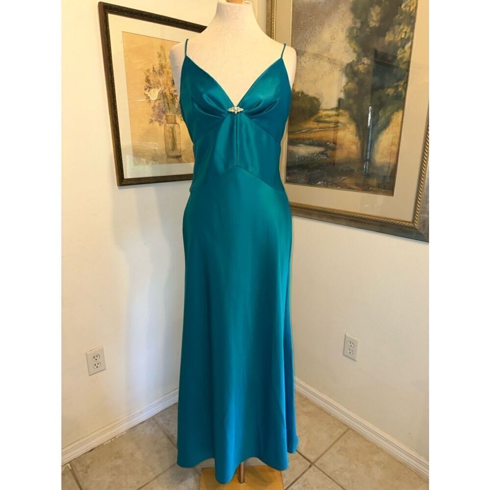 Jessica McClintock for Gunne Sax Teal Satin Slip Gown w/ Jewel SZ 9/10
